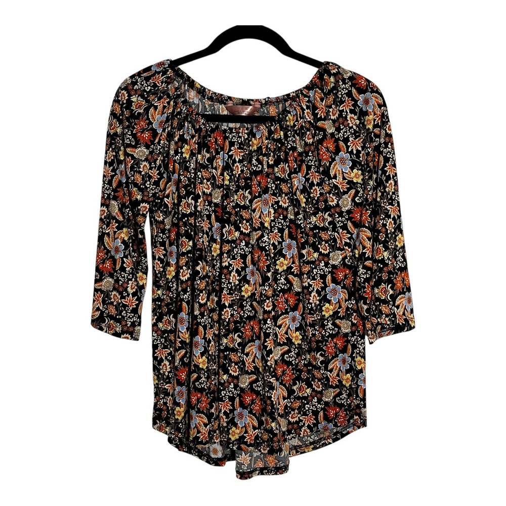 AMANA Women Black Floral Boho Peasant Blouse 3/4 Sleeve Scoop Neck Medium‎